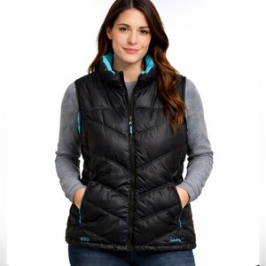 Cabela's Black Quilted Puffer Vest Teal Lining Goose Down 650 Fill Womens Large